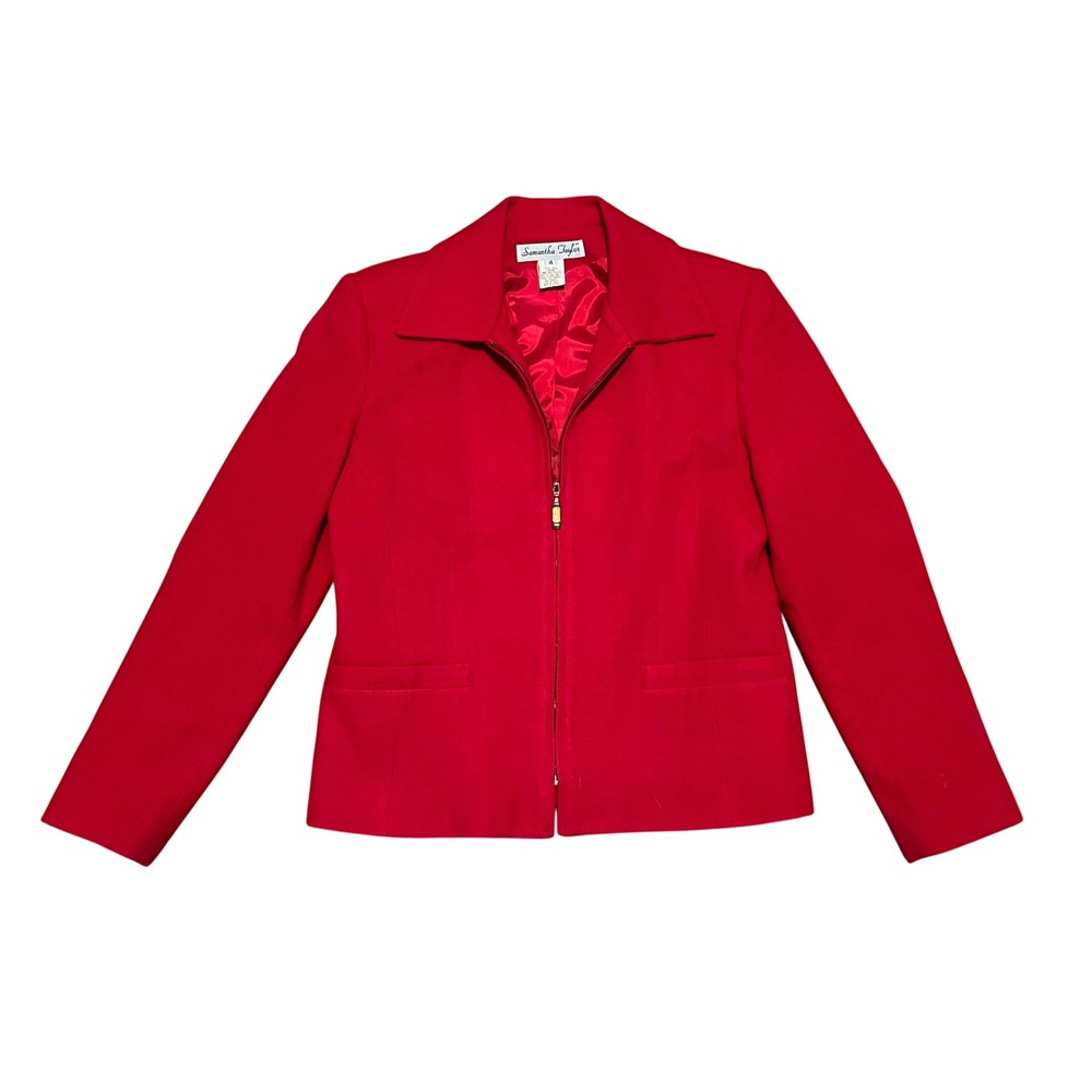 Vintage Samantha Taylor Zip Front Jacket Womens 4 Red Wool Tailored Blazer Chic